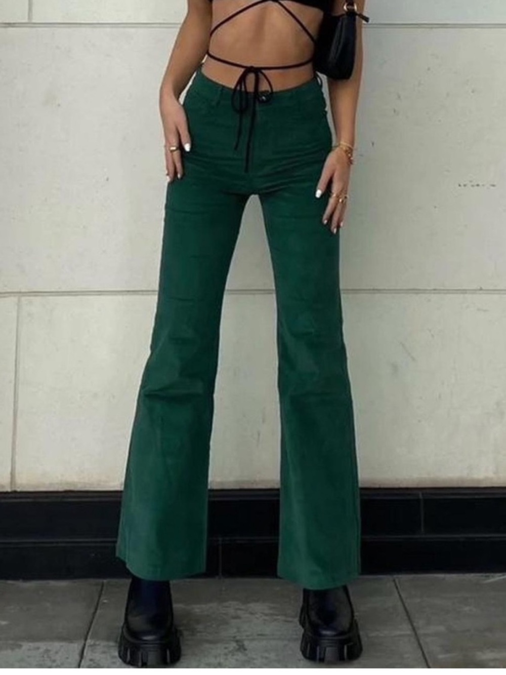 Princess Polly Nadia Pants Green Corduroy Flare Pants Sz 6 70’s Bell Bottom